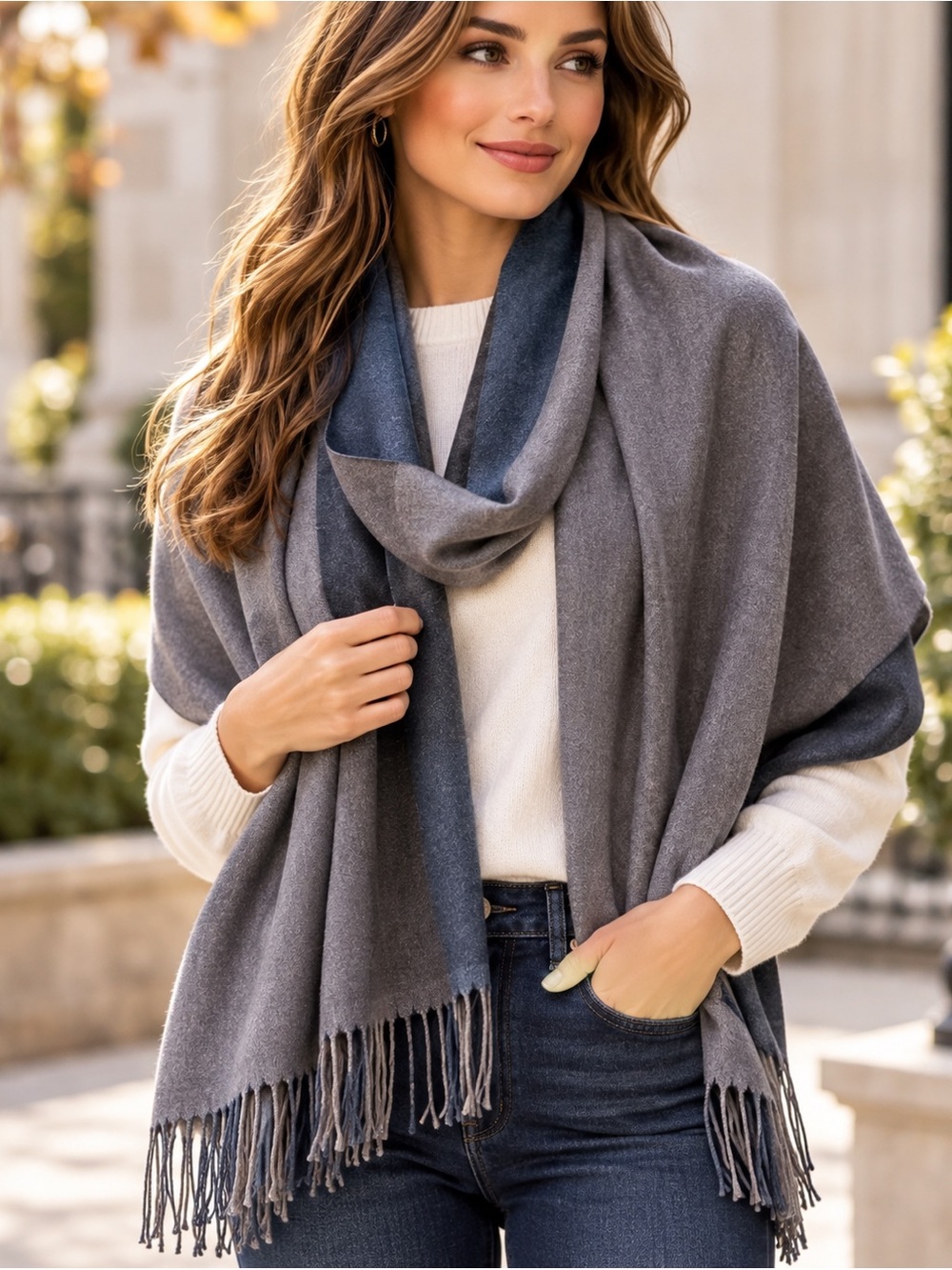 Reversible Gray & Navy Oversized Fringe Scarf Wrap NWOT